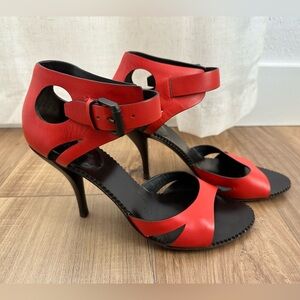 Bottega Veneta heel sandals, red leather, wood sole, size 38